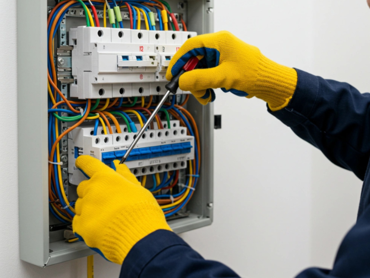 An electrician wearing protective gloves, working on an electrical distribution panel, managing wires and circuits.