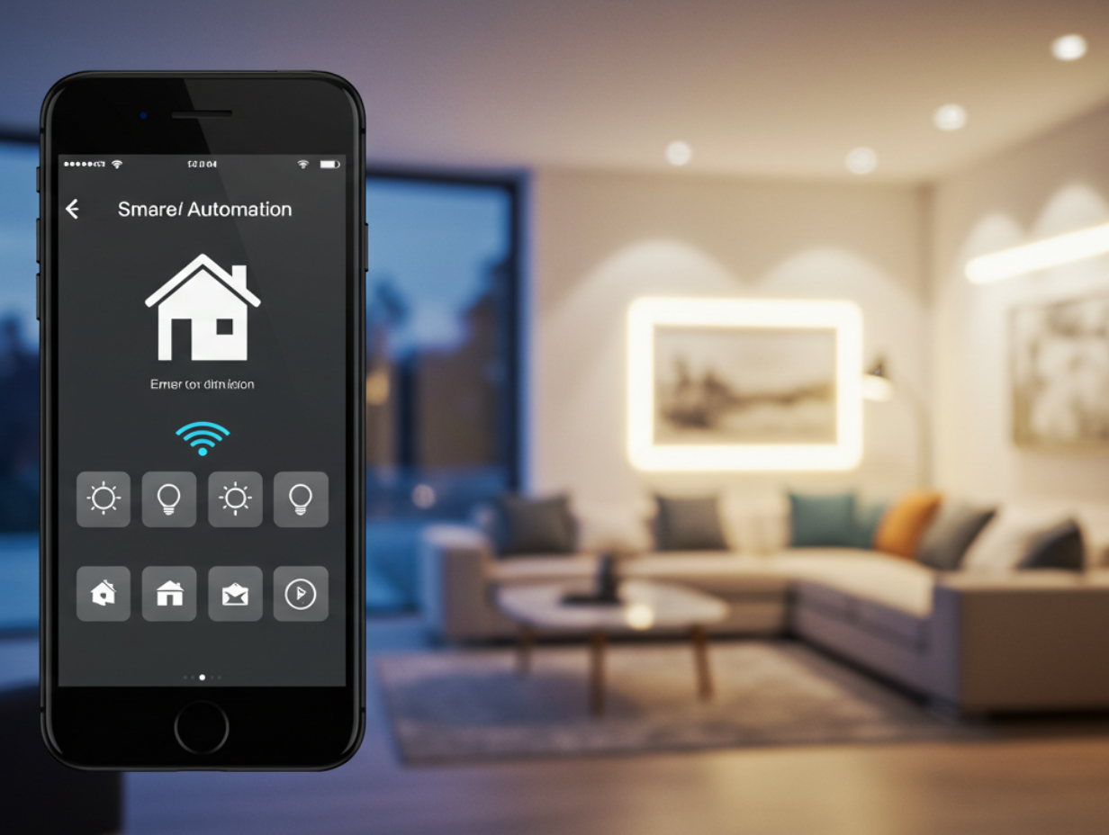 A smartphone displaying a smart home automation app, showing control options for lighting and security features