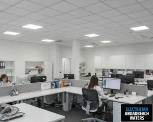 A worker sitting at a desk in an office, focused on their computer screen in a well-organized space.
