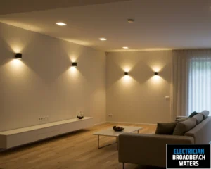 A stylish living room with ambient lighting